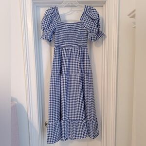 Plaid Square Neck Midi Boho Smocked Dress Size S